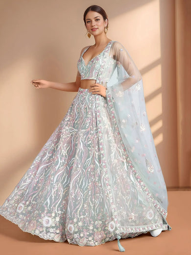 Stunning Sky-Blue Sequins Net Engagement Wear Lehenga Choli With Dupatta